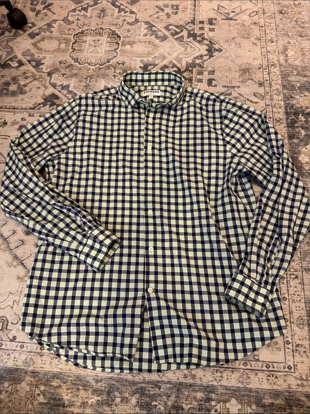 Express Men’s XL Extra Slim Fit Navy Mint Gingham Check Button Down Shirt