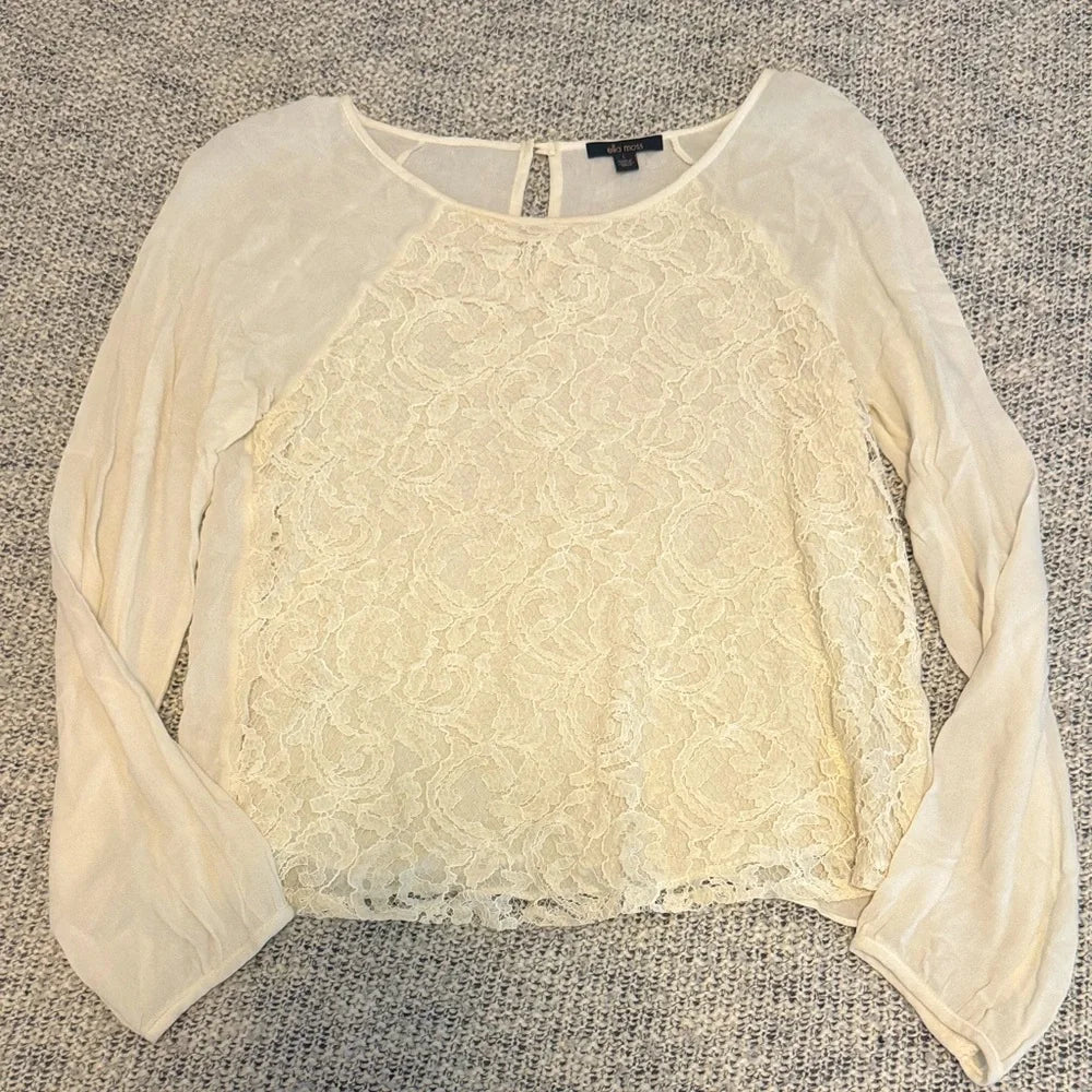 Chic Versatile Lightweight Ella Moss Cream Lace Long Sleeve Boho Blouse Lg