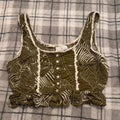 Feminine Button Boho Ruffle Hem Patrons of Peace Olive Leaf Print Crop Tank