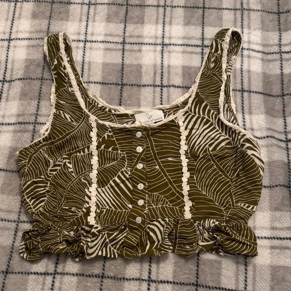 Feminine Button Boho Ruffle Hem Patrons of Peace Olive Leaf Print Crop Tank