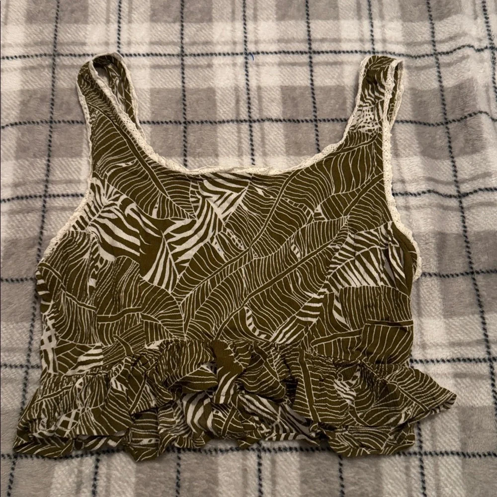 Feminine Button Boho Ruffle Hem Patrons of Peace Olive Leaf Print Crop Tank