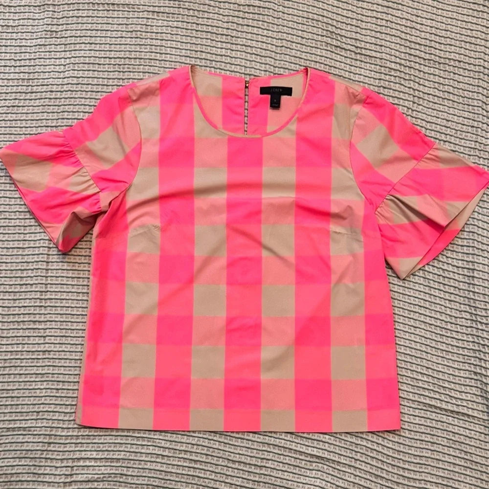 J.Crew Neon Pink & Tan Plaid Gingham Top | Ruffle Sleeve | Statement Blouse