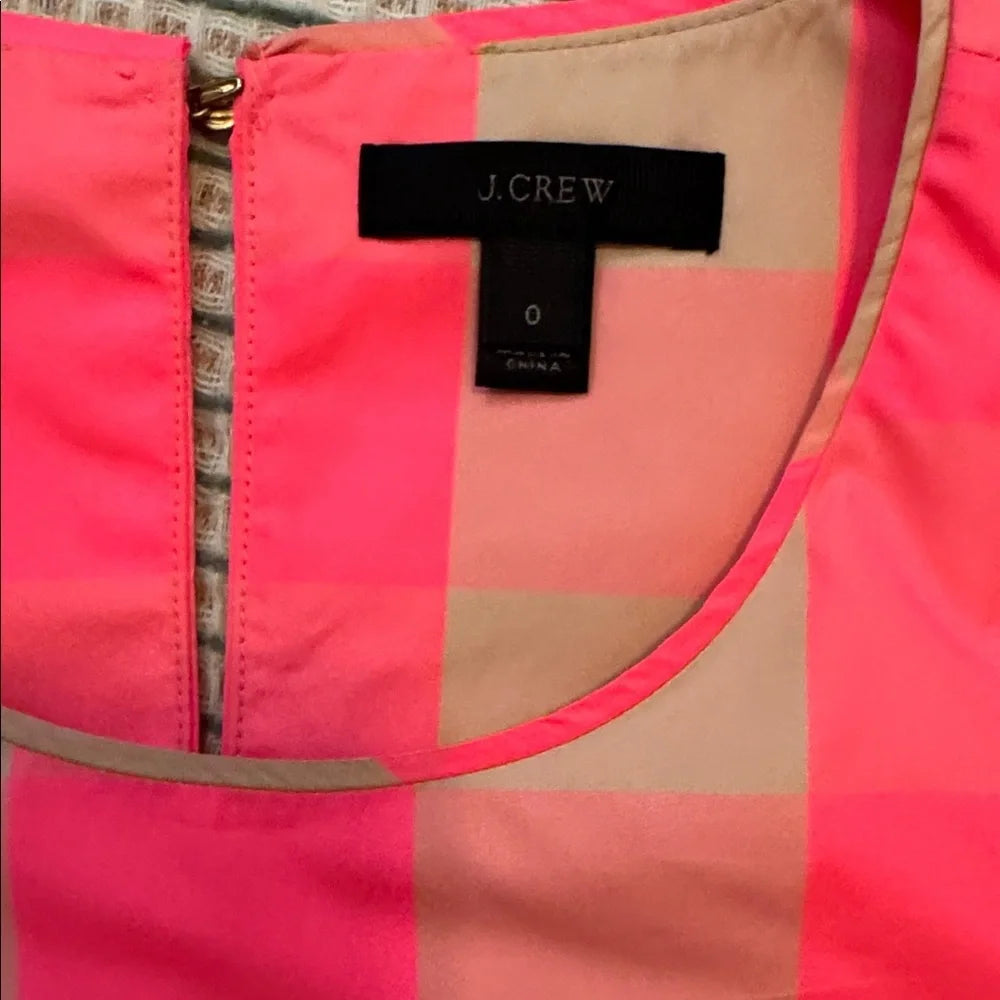 J.Crew Neon Pink & Tan Plaid Gingham Top | Ruffle Sleeve | Statement Blouse