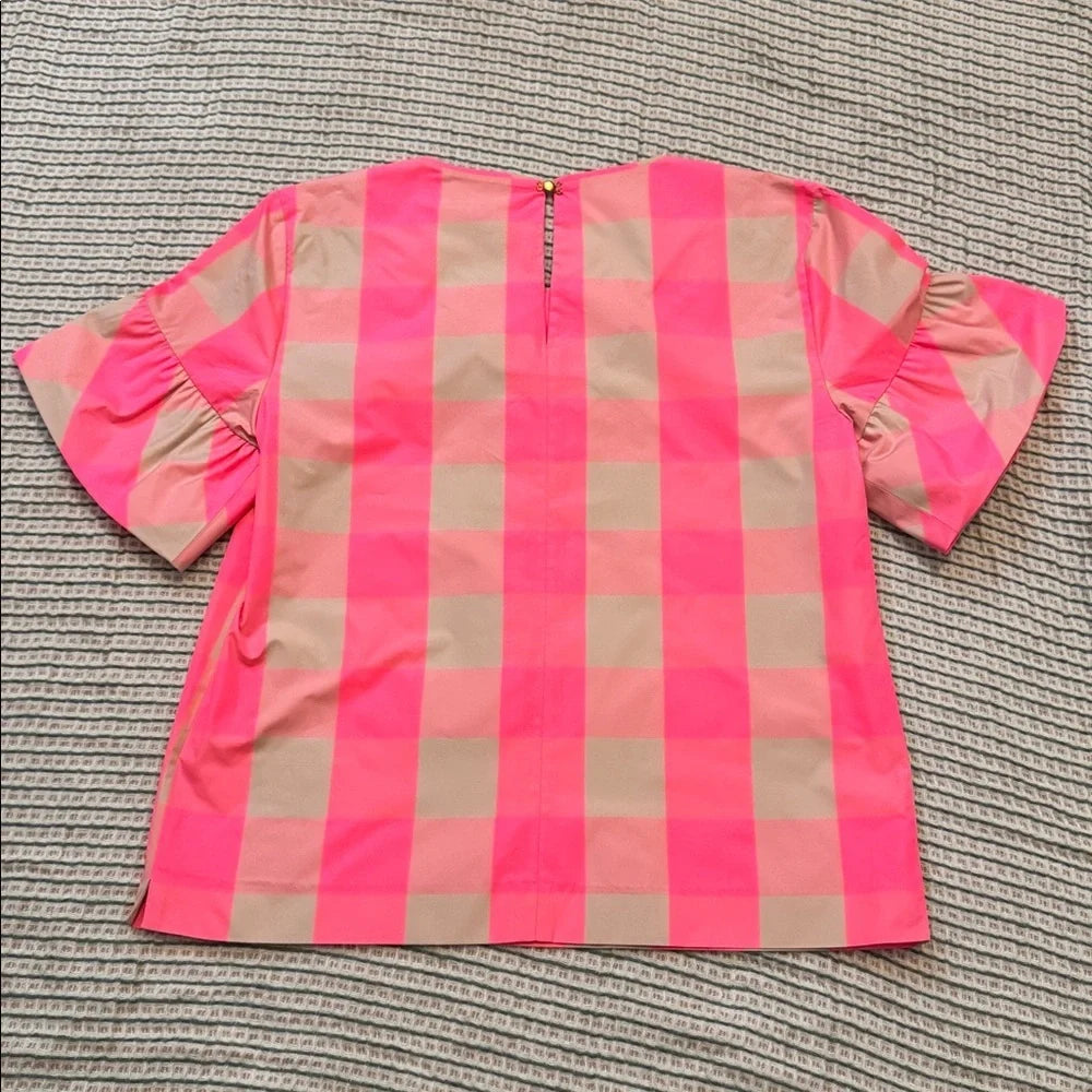 J.Crew Neon Pink & Tan Plaid Gingham Top | Ruffle Sleeve | Statement Blouse