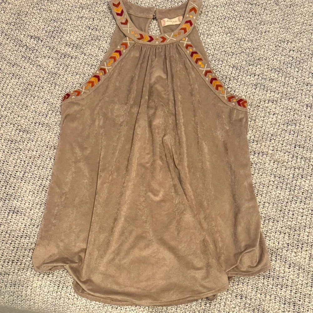 Boho Halter Neck Altar'd State Tan Embroidered Tank Top size small
