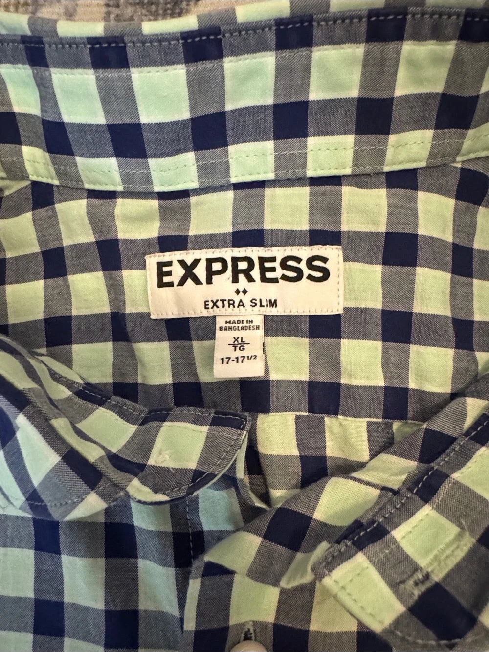 Express Men’s XL Extra Slim Fit Navy Mint Gingham Check Button Down Shirt