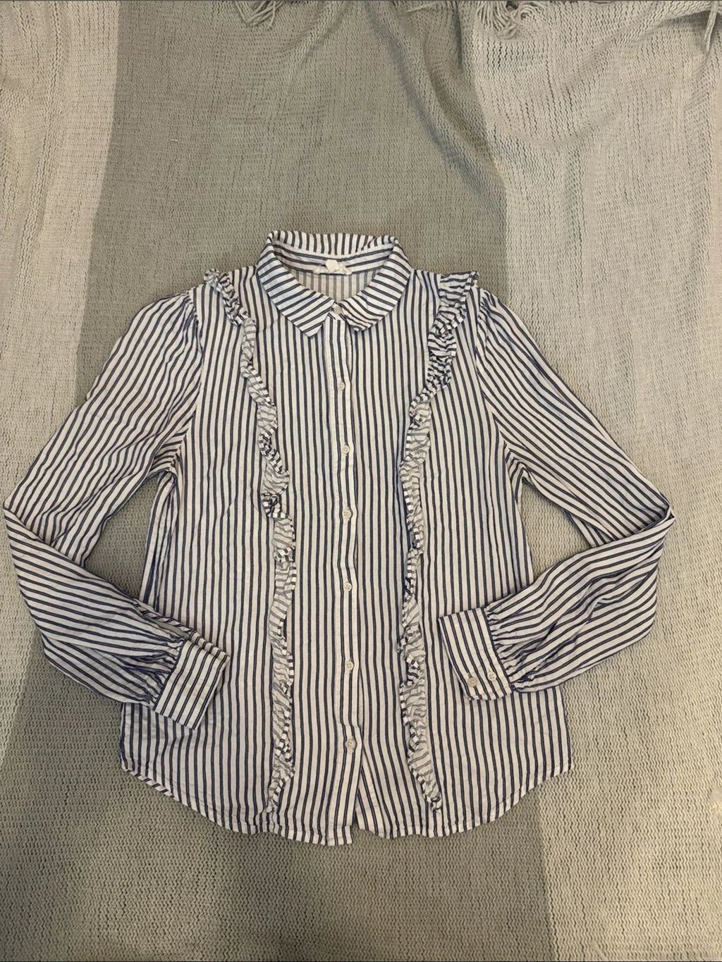 A Loves A Preppy Blue White Striped Ruffle Button Down Blouse Long Sleeve Sz sm