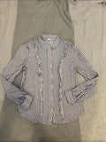 A Loves A Preppy Blue White Striped Ruffle Button Down Blouse Long Sleeve Sz sm