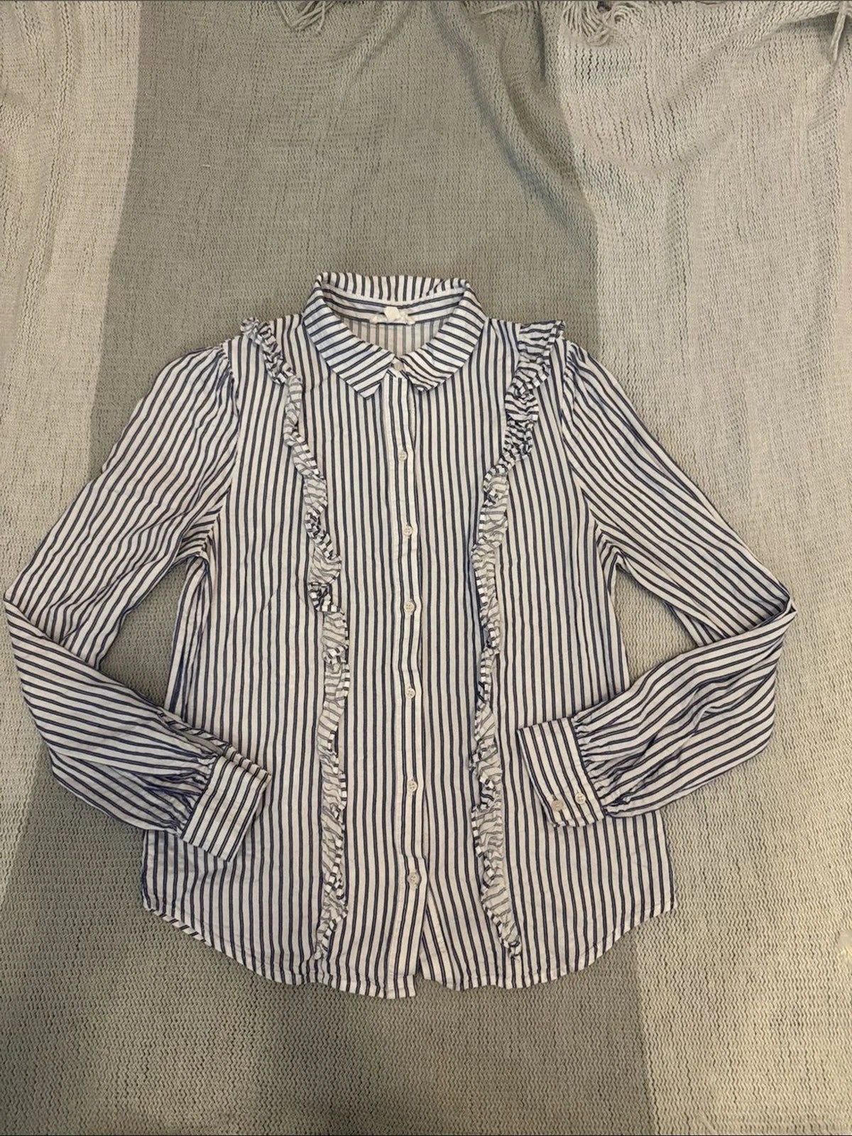 A Loves A Preppy Blue White Striped Ruffle Button Down Blouse Long Sleeve Sz sm